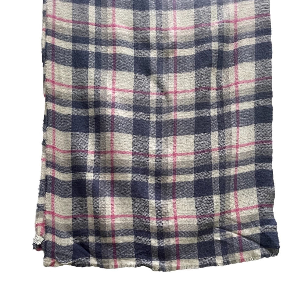 Talbots loose-weave white pink slate blue plaid lightweight blanket scarf 76x27"